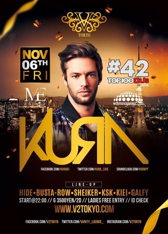 ★★11/6(金)のV2 TOKYOに2014年DJ Mag#42位にランクインした大注目株の超イケメンDJ『KURA』がSpecial Guestとして再び登場！★★