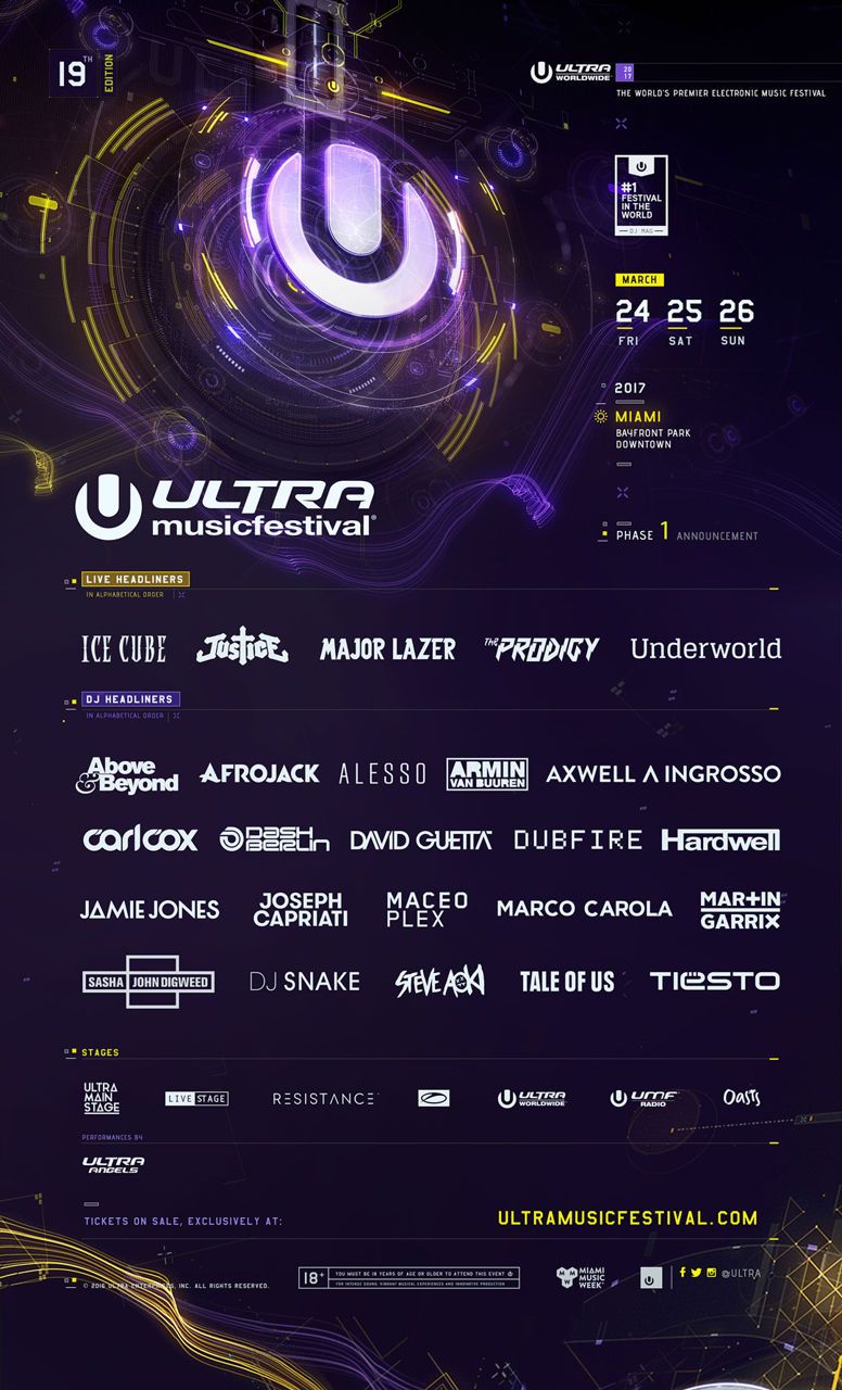 本国マイアミ「Ultra Music Festival 2017」第1弾ラインナップ発表。Underworld、Ice Cube、Dubfireなど